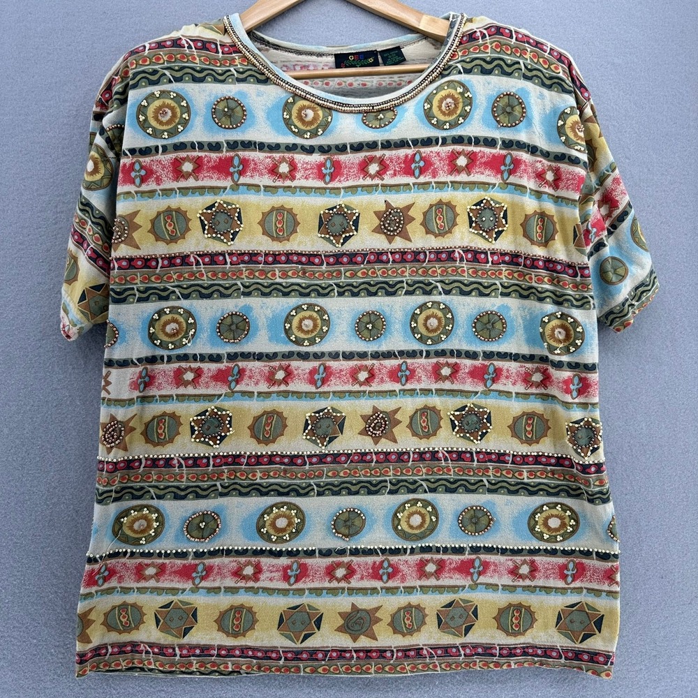 90s Gee J Beaded T-Shirt Colorful Print Short Sleeve 18/20 Cottagecore VTG